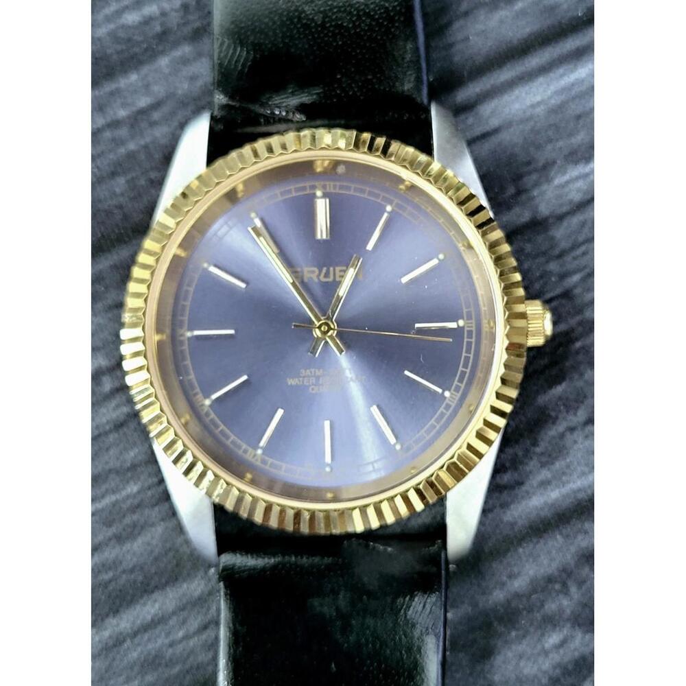 Rare Gruen 2 Tone Mens Dress Watch Satin Dial Fluted‎ Bezel